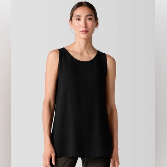 Eileen Fisher Black Silk Georgette Crepe Ballet Neck Long Tank Size L - Picture 1 of 5
